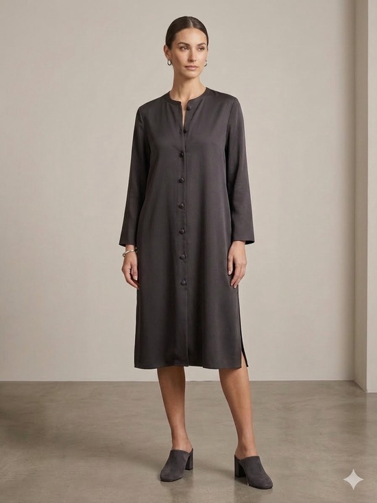 Eileen Fisher Dresses & Skirts - Eileen Fisher Minimalist Black Heavy Silk Shirt Dress Mandarin Collar Size XL